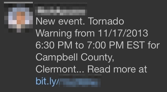 Tornado warning tweet with missing county